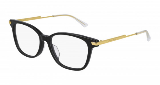 Bottega Veneta BV1074OA Eyeglasses, 001 - BLACK with GOLD temples and TRANSPARENT lenses
