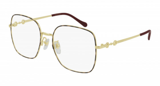 Gucci GG0883OA Eyeglasses, 002 - HAVANA with GOLD temples and TRANSPARENT lenses