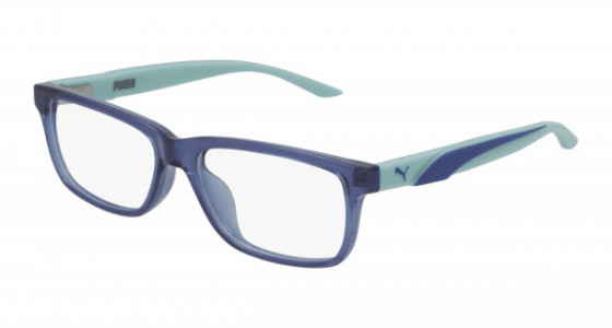 Puma PJ0058O Eyeglasses, 002 - BLUE with GREEN temples and TRANSPARENT lenses