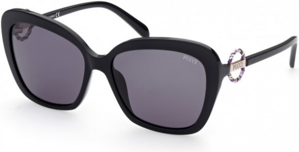 Emilio Pucci EP0165 Sunglasses, 01A - Shiny Black & Vivara Print Wrap / Smoke Lenses