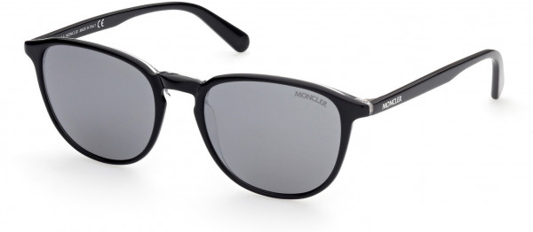 Moncler ML0190 Sunglasses, 03D - Shiny Black & Crystal / Flash Silver Polarized Lenses