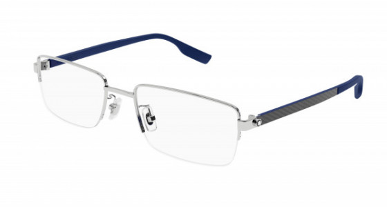 Montblanc MB0188O Eyeglasses, 002 - SILVER with BLUE temples and TRANSPARENT lenses