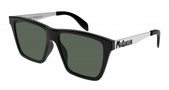 Alexander McQueen AM0352S Sunglasses, 002 - BLACK with SILVER temples and GREEN lenses