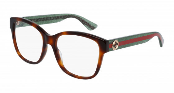 Gucci GG0038ON Eyeglasses, 002 - HAVANA with GREEN temples and TRANSPARENT lenses