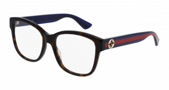 Gucci GG0038ON Eyeglasses, 003 - HAVANA with BLUE temples and TRANSPARENT lenses