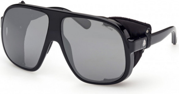 Moncler ML0206 Diffractor Sunglasses, 05C - Shiny Black W. Black Leather Blinders / Smoke Lenses W. Silver Flash