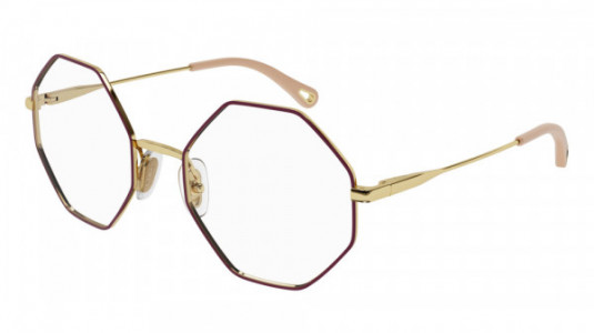 Chloé CH0022O Eyeglasses, 010 - BURGUNDY with GOLD temples and TRANSPARENT lenses