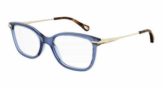 Chloé CH0059O Eyeglasses, 004 - BLUE with GOLD temples and TRANSPARENT lenses