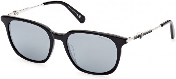 Moncler ML0225 Sunglasses, 01D - Shiny Bilayer Black And Grey / Polarized Smoke W Silver Flash Lenses