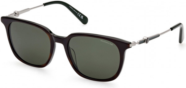 Moncler ML0225 Sunglasses, 52R - Shiny Bilayer Havana And Dark Green / Polarized Smoke To Green Lenses