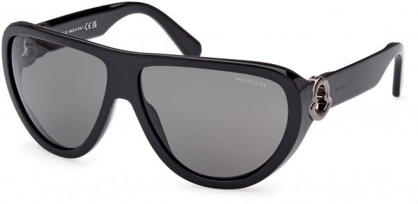 Moncler ML0246 Anodize Sunglasses, 01A - Shiny Black, Shiny Gunmetal Logo / Smoke Lenses