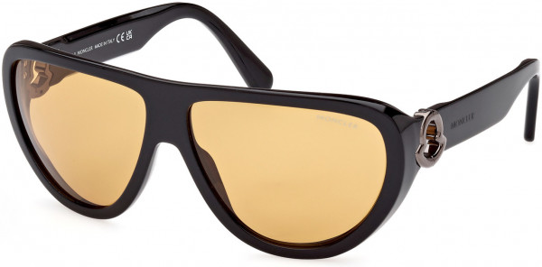Moncler ML0246 Anodize Sunglasses, 01E - Shiny Black, Shiny Gunmetal Logo  / Brown Lenses