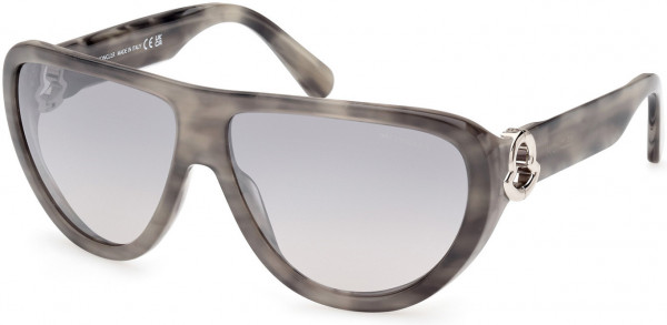 Moncler ML0246 Anodize Sunglasses, 20C - Melange Grey Havana, Shiny Palladium Logo / Flash Siilver Lenses