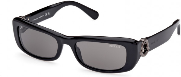 Moncler ML0245 Minuit Sunglasses, 01A - Shiny Black, Shiny Gunmetal Logo / Smoke Lenses