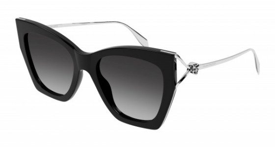 Alexander McQueen AM0375S Sunglasses, 001 - BLACK with SILVER temples and GREY lenses