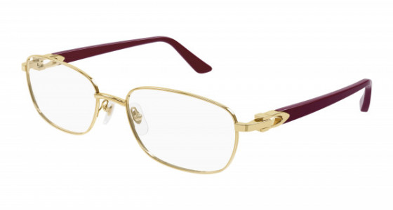 Cartier CT0368O Eyeglasses, 003 - GOLD with BURGUNDY temples and TRANSPARENT lenses