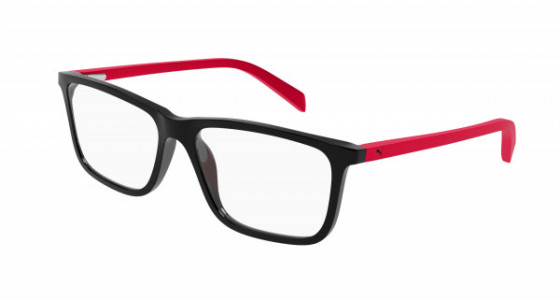 Puma PJ0066O Eyeglasses, 001 - BLACK with RED temples and TRANSPARENT lenses