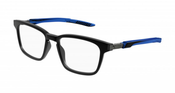 Puma PU0378O Eyeglasses, 004 - BLACK with BLUE temples and TRANSPARENT lenses
