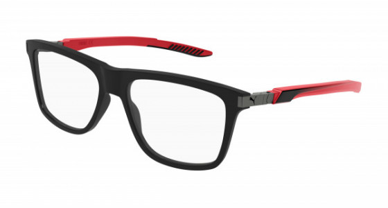 Puma PU0379O Eyeglasses, 004 - BLACK with RED temples and TRANSPARENT lenses