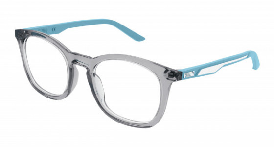 Puma PJ0065O Eyeglasses, 004 - GREY with LIGHT-BLUE temples and TRANSPARENT lenses