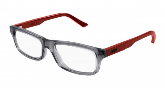 Puma PJ0071OA Eyeglasses, 004 - GREY with RED temples and TRANSPARENT lenses
