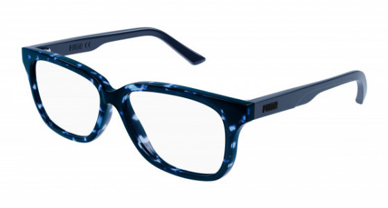 Puma PJ0070OA Eyeglasses, 002 - HAVANA with BLUE temples and TRANSPARENT lenses