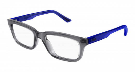 Puma PJ0068O Eyeglasses, 002 - GREY with BLUE temples and TRANSPARENT lenses