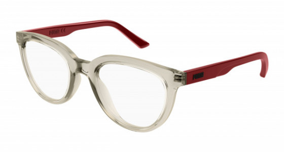 Puma PJ0067O Eyeglasses, 004 - BEIGE with RED temples and TRANSPARENT lenses
