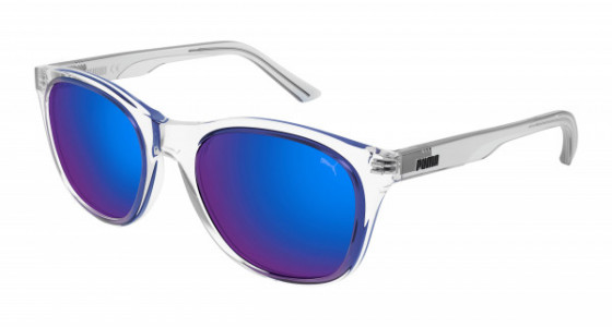 Puma PJ0074S Sunglasses, 004 - CRYSTAL with GREY temples and BLUE lenses