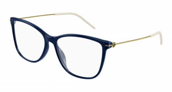 Gucci GG1272O Eyeglasses, 003 - BLUE with GOLD temples and TRANSPARENT lenses