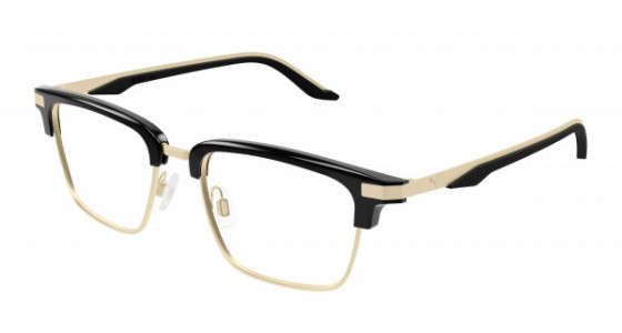 Puma PU0411O Eyeglasses, 001 - BLACK with GOLD temples and TRANSPARENT lenses