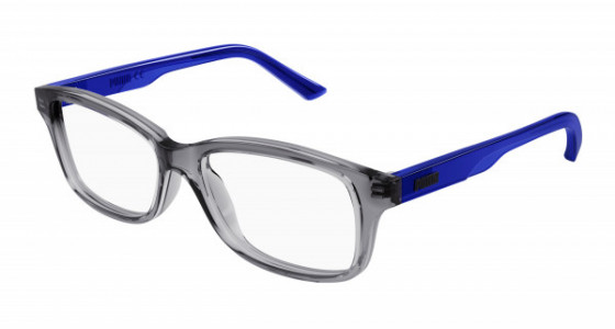 Puma PJ0072OA Eyeglasses, 004 - GREY with BLUE temples and TRANSPARENT lenses