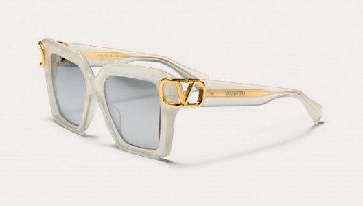 Valentino V - UNO Sunglasses, Translucent Ivory - Yellow Gold w/ Medium Grey - Silver Flash Mirror - AR