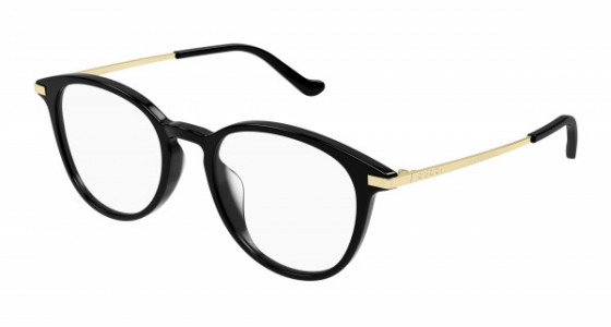 Gucci GG1466OA Eyeglasses, 001 - BLACK with GOLD temples and TRANSPARENT lenses