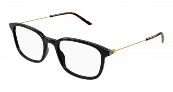 Gucci GG1577O Eyeglasses, 005 - BLACK with GOLD temples and TRANSPARENT lenses
