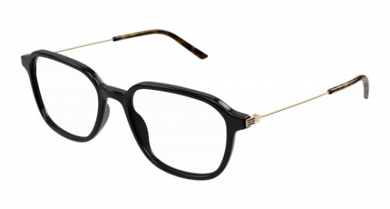Gucci GG1576O Eyeglasses, 001 - BLACK with GOLD temples and TRANSPARENT lenses