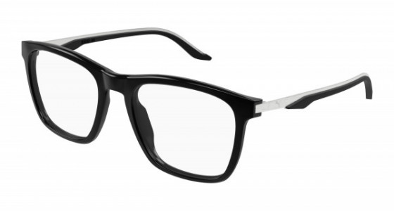 Puma PU0454O Eyeglasses, 001 - BLACK with SILVER temples and TRANSPARENT lenses