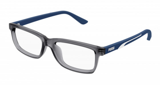 Puma PJ0076O Eyeglasses, 002 - GREY with BLUE temples and TRANSPARENT lenses