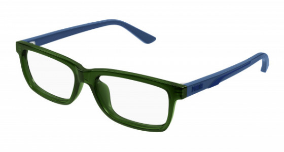 Puma PJ0076O Eyeglasses, 005 - GREEN with LIGHT-BLUE temples and TRANSPARENT lenses
